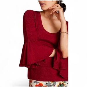 BY ANTHROPOLOGIE Burgandy Smocked Bell Sleeve Scoop Neck Top - Large